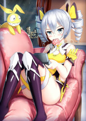 Rule 34 | 1girl, ass, bare shoulders, blush, breasts, bronya zaychik, bronya zaychik (yamabuki armor), candy, cityscape, cloud, commentary request, convenient leg, couch, curtains, drill hair, food, food in mouth, grey eyes, hair between eyes, head tilt, highres, holding, homu (honkai impact), honkai (series), honkai impact 3rd, indoors, lollipop, looking at viewer, mouth hold, night, night sky, on couch, prophosphere, purple thighhighs, silver hair, sky, small breasts, star (sky), starry sky, stuffed animal, stuffed rabbit, stuffed toy, swirl lollipop, thighhighs, twin drills, window, wittyz