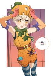 Rule 34 | 1boy, blue thighhighs, border, bug, candy, emoji, food, ghost, ghost emoji, gradient background, halloween costume, hand up, head tilt, highres, leaf, lollipop, looking at another, looking down, mubo, open mouth, orange background, orange eyes, orange shirt, orange shorts, original, plant, pointing, pumpkin costume, pumpkin hat, pumpkin pants, purple background, shirt, short hair, shorts, sleeveless, smile, speech bubble, spider, standing, striped clothes, striped thighhighs, thighhighs, vines, white border, white hair
