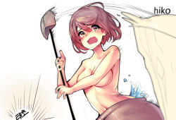 Rule 34 | 1girl, artist name, bad id, bad pixiv id, blurry, blush, bob cut, breasts, character request, commentary request, depth of field, eyes visible through hair, furrowed brow, getting over it, gradient background, hammer, hiko (4486aa), korean commentary, korean text, looking at viewer, medium breasts, motion blur, motion lines, navel, nude, open mouth, pot, short hair, simple background, sledgehammer, solo, tears, translation request, water, wavy mouth, white background