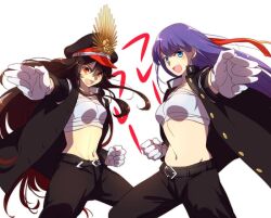 Rule 34 | belt, black hair, black hat, black jacket, black pants, blue eyes, blush, breasts, echo (circa), fate/grand order, fate (series), gloves, hat, headband, jacket, large breasts, long hair, long sleeves, looking at viewer, martha (fate), navel, oda nobunaga (fate), oda uri, open clothes, open jacket, open mouth, outstretched arm, pants, peaked cap, purple hair, red eyes, sarashi, small breasts, smile, white gloves
