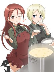 Rule 34 | 3girls, apron, blonde hair, blue eyes, blush, breasts, closed mouth, collar, cooking, erica hartmann, finger to mouth, heart, highres, long hair, looking at viewer, medium breasts, military, military uniform, minna-dietlinde wilcke, miyafuji yoshika, multiple girls, one eye closed, pot, red eyes, red hair, shiny skin, short hair, silhouette, silhouette demon, simple background, small breasts, smile, strike witches, uniform, vr46, white background, world witches series