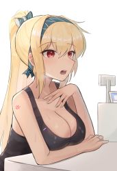 Rule 34 | 1girl, absurdres, black tank top, blonde hair, bow, breasts, cash register, cleavage, commission, girls&#039; frontline, green hairband, hair between eyes, hair bow, hairband, head steam, highres, jewelry, large breasts, leaning on object, long hair, non-web source, open mouth, ponytail, red eyes, ring, russian flag, simple background, solo, sv-98 (girls&#039; frontline), sweat, tank top, wedding ring