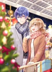 Rule 34 | 1boy, 1girl, aoyagi touya, azusawa kohane, belt, blue hair, brown eyes, brown skirt, christmas ornaments, christmas present, christmas tree, closed mouth, coat, commentary request, dark blue hair, gift, grey eyes, hair between eyes, hair tie, hand on another&#039;s shoulder, highres, hizaki sui, lapels, light brown hair, long sleeves, medium hair, mole, mole under eye, multicolored hair, open clothes, open coat, open mouth, pleated skirt, project sekai, scarf, short hair, skirt, star (symbol), twintails
