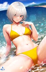 Rule 34 | 1girl, artist logo, bare shoulders, beach, bikini, blurry, blurry background, breasts, cameltoe, closed mouth, cloud, collarbone, day, eyes visible through hair, grey eyes, grey hair, hair over one eye, halterneck, highres, infinote, lips, looking at viewer, medium breasts, navel, original, outdoors, sashou mihiro, short hair, signature, sky, smile, solo, spread legs, swimsuit, water, wet, yellow bikini