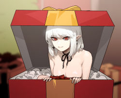 Rule 34 | 1girl, black ribbon, blurry, blurry background, box, breasts, cleavage, commentary, earrings, gift, gift box, gogalking, highres, jewelry, large breasts, looking at viewer, medium hair, naked ribbon, nose, original, pointy ears, red eyes, red ribbon, ribbon, sidelocks, solo, symbol-only commentary, vampire (gogalking), white hair, yellow ribbon