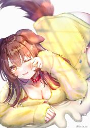 Rule 34 | 1girl, alternate hairstyle, animal collar, animal ears, blush, breasts, brown eyes, brown hair, cleavage, collar, commentary request, dog ears, dog girl, dog tail, downblouse, dress, drooling, fur dress, hair down, highres, hololive, inugami korone, inugami korone (1st costume), large breasts, lifted by tail, listener (inugami korone), long hair, looking at viewer, lying, messy hair, on stomach, one eye closed, open mouth, red collar, rubbing eyes, seta (seta105), sleepwear, solo, tail, virtual youtuber, waking up, yellow dress
