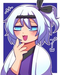 Rule 34 | +++, 1jumangoku, 1other, androgynous, black bow, black headband, blue background, blue eyes, blue hair, blush, border, bow, commentary request, fujiwara no iyozane, furrowed brow, hair bow, half-closed eyes, hand on own chin, headband, jacket, jacket partially removed, japanese clothes, kimono, len&#039;en, long sleeves, one side up, open mouth, other focus, outline, outside border, purple kimono, purple sleeves, short hair, simple background, smile, solo, upper body, white border, white jacket, white outline