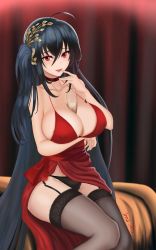 Rule 34 | 1girl, absurdres, alcohol, artist name, azur lane, between breasts, black hair, black panties, black thighhighs, breast lift, breasts, champagne, champagne flute, choker, cleavage, cocktail dress, covered erect nipples, crossed bangs, cup, dress, drinking glass, evening gown, garter straps, hair between eyes, hair ornament, highres, huge breasts, imavizard, lace, lace-trimmed legwear, lace trim, large breasts, long hair, looking at viewer, official alternate costume, panties, red choker, red dress, red eyes, solo, taihou (azur lane), taihou (forbidden feast) (azur lane), thighhighs, thighs, underwear, very long hair