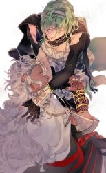 Rule 34 | 2boys, bare shoulders, bracelet, braid, cape, closed eyes, collarbone, dark-skinned male, dark skin, david (fate), fate/grand order, fate (series), father and son, gloves, green hair, highres, jewelry, long hair, long sleeves, male focus, mms (fmamtse), multiple boys, multiple rings, parent and child, ring, smile, solomon (fate), tiara, vambraces, very long hair, white background, white hair, yellow eyes