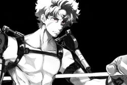 Rule 34 | &gt;:(, 1boy, black background, boxing gloves, boxing ring, curly hair, exoskeleton, gear (megalo box), greyscale, joe (megalo box), kakkoaki, male focus, megalo box, monochrome, scar, scar on arm, scar on face, scars all over, short hair, solo, too many, scars all over, topless male, v-shaped eyebrows