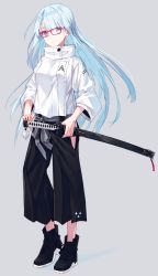 Rule 34 | 1girl, black footwear, black pants, blue hair, glasses, grey background, hand on weapon, high collar, highres, hip vent, holding, holding sheath, holding sword, holding weapon, jacket, japanese clothes, katana, light blue hair, long hair, looking at viewer, multicolored eyes, nagishiro mito, original, pants, scabbard, sheath, sheathed, simple background, solo, standing, sword, weapon, white jacket