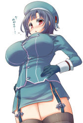 10s 1girl black_hair blush breasts chestnut_mouth female_focus flying_sweatdrops from_below fujiyama_takashi garter_straps gloves grey_hair hands_on_own_hips hat highres huge_breasts impossible_clothes impossible_shirt kantai_collection large_breasts looking_at_viewer red_eyes shirt short_hair solo sweatdrop takao_(kancolle) thighhighs translated