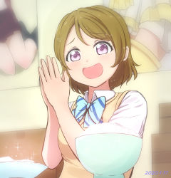 Rule 34 | 1girl, artist name, artist request, blue bow, blush, bow, bowl, brown hair, cowboy shot, dress shirt, female focus, hair between eyes, highres, koizumi hanayo, looking at viewer, love live!, love live! school idol project, open mouth, own hands together, purple eyes, rice bowl, school uniform, shirakamisan, shirt, short hair, short sleeves, smile, solo, standing, striped, striped bow, sweater, sweater vest, v-neck, vest, white shirt, yellow sweater, yellow vest