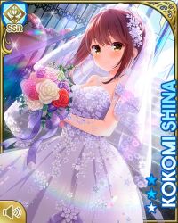 Rule 34 | 1girl, bouquet, bow, breasts, bridal veil, brown eyes, brown hair, character name, cleavage, closed mouth, collarbone, day, dress, flower, girlfriend (kari), hair ornament, indoors, jewelry, medium breasts, necklace, official art, pearl necklace, qp:flapper, ribbon, shiina kokomi, short hair, smile, solo, sunlight, veil, wedding dress, white bow, white dress