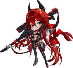 Rule 34 | 1girl, anti-materiel rifle, black gloves, breasts, bullpup, chaps, chibi, cleavage, crop top, cropped jacket, disgustingtokki, fingerless gloves, full body, gloves, goddess of victory: nikke, grin, gun, hair between eyes, headgear, highres, holding, holding weapon, horns, jacket, large breasts, leather, leather jacket, long hair, looking at viewer, magazine (weapon), mechanical horns, muzzle device, navel, orange eyes, red hair, red hood (nikke), red jacket, red scarf, revealing clothes, rifle, scarf, simple background, smile, sniper rifle, solo, unzipped, very long hair, weapon, white background, zipper