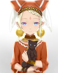 Rule 34 | 1girl, animal, blonde hair, blue eyes, blurry, bracer, braid, breasts, cat, cop craft: dragnet mirage reloaded, elf, facial mark, forehead mark, hair ornament, headpiece, holding, holding animal, holding cat, kuroi (dragnet), long hair, looking at viewer, low twintails, pointy ears, red headwear, simple background, small breasts, smile, solo, standing, tilarna exedilika, ts-ix, twintails, upper body, white background