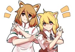 Rule 34 | 2girls, ahoge, animal ears, ascot, asymmetrical hair, black ascot, blonde hair, brown eyes, brown vest, closed mouth, collared shirt, commentary request, cookie (touhou), fang, fox ears, fox girl, fox shadow puppet, green ribbon, hair between eyes, highres, kudamaki tsukasa, leftame, light brown hair, looking at viewer, medium hair, miramikaru riran, multiple girls, red eyes, ribbon, romper, shirt, short sleeves, sidelocks, simple background, skin fang, smile, touhou, trait connection, transparent background, upper body, vest, white romper, white shirt