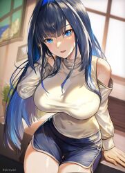 Rule 34 | 1girl, absurdres, bare shoulders, blue eyes, blue hair, blush, breasts, clothing cutout, fang, hair intakes, highres, hololive, hololive english, large breasts, long hair, long sleeves, looking at viewer, multicolored hair, ouro kronii, santafe99, sidelocks, skin fang, solo, sweater, thigh gap, thighs, turtleneck, turtleneck sweater, twitter username, virtual youtuber