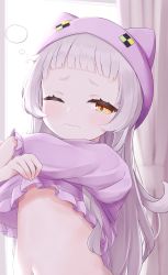 Rule 34 | 1girl, absurdres, blunt bangs, blurry, blurry background, blush, closed mouth, clothes lift, cocozasa, commentary request, crossed arms, curtains, eyelashes, flat chest, frilled shirt, frills, grey hair, highres, hololive, lifted by self, long hair, long sleeves, looking at viewer, murasaki shion, navel, one eye closed, purple headwear, purple shirt, shiny skin, shirt, shirt lift, short eyebrows, sidelocks, sleepwear, sleepy, solo, stomach, undressing, upper body, virtual youtuber, window