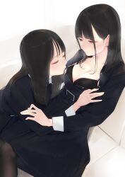 Rule 34 | 2girls, ama mitsuki, assisted exposure, belt buckle, black bra, black hair, black shirt, blunt bangs, blush, bra, breasts, brown eyes, buckle, cleavage, closed mouth, collarbone, couch, half-closed eyes, high-waist skirt, highres, long hair, long sleeves, looking at another, medium breasts, medium skirt, multiple girls, non-web source, on couch, original, pantyhose, shirt, sitting, skirt, smile, steaming body, unbuttoned, unbuttoned shirt, underwear, white background, yuri