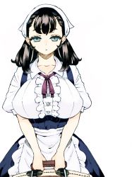 Rule 34 | 1girl, apron, black hair, blouse, blue dress, blue eyes, breasts, collarbone, collared shirt, commentary request, dress, dress shirt, expressionless, frilled shirt, frills, highres, holding, holding suitcase, huge breasts, long hair, looking at viewer, maid, maid apron, neck ribbon, nishi yoshiyuki, original, parted lips, puffy short sleeves, puffy sleeves, ribbon, shirt, short sleeves, simple background, solo, suitcase, v arms, waist apron, white background, white shirt