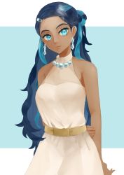 Rule 34 | 1girl, bare arms, beads, belt, black hair, blue eyes, blue hair, closed mouth, commentary request, creatures (company), dark-skinned female, dark skin, dress, earclip, earrings, game freak, hair bun, highres, jewelry, long hair, looking at viewer, makeup, multicolored hair, nessa (pokemon), nintendo, pokemon, pokemon swsh, rese (mohumohumohun), single hair bun, solo, two-tone hair, yellow belt