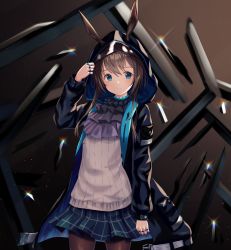Rule 34 | 1girl, amiya (arknights), animal ears, arknights, arm at side, arm up, ascot, black jacket, blue eyes, blue skirt, blush, brown background, brown pantyhose, closed mouth, cowboy shot, ears through headwear, glint, gradient background, highres, hood, hood up, hooded jacket, jacket, jewelry, long sleeves, miniskirt, open clothes, open jacket, pantyhose, pleated skirt, purple ascot, rabbit ears, ring, shands, short hair with long locks, sidelocks, skirt, solo, sweater, white sweater