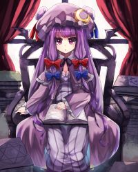 Rule 34 | 1girl, :o, absurdres, armchair, bad id, bad pixiv id, blush, book, bow, breasts, capelet, chair, cleavage, crescent, crescent hair ornament, curtains, dress, hair bow, hair ornament, hat, hat ribbon, highres, jitome, long hair, long sleeves, looking at viewer, mob cap, neck ribbon, patchouli knowledge, purple eyes, purple hair, ribbon, sitting, sleeves past wrists, small breasts, solo, striped clothes, striped dress, suminagashi, touhou, vertical stripes