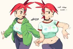 Rule 34 | 1girl, absurdres, black eyes, choker, cowboy shot, crop top, foster&#039;s home for imaginary friends, frankie foster, from above, green jacket, hair ornament, hairclip, highres, jacket, midriff, multiple views, navel, parted lips, red hair, shirt, simple background, smile, white background, white shirt, whoopsatro