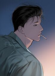 Rule 34 | 1boy, bishounen, black eyes, black hair, cigarette, gradient background, green shirt, highres, llll 100, looking to the side, male focus, mito youhei, open mouth, pompadour, profile, shirt, short hair, slam dunk (series), solo, upper body