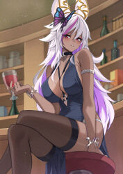 Rule 34 | 1girl, alcohol, animal ears, armlet, armpit crease, warrior of light (ff14), bar (place), bare shoulders, between breasts, black choker, black dress, blurry, bracelet, breasts, brown thighhighs, butterfly hair ornament, chest harness, choker, cleavage, cocktail dress, colored inner hair, crossed legs, cup, dark-skinned female, dark skin, depth of field, dress, drinking glass, eyeshadow, final fantasy, final fantasy xiv, hair ornament, harness, highres, holding, holding cup, jewelry, kaosu kun, large breasts, long hair, looking at viewer, makeup, multicolored hair, panty straps, parted lips, pelvic curtain, purple hair, rabbit ears, red eyes, sitting, sleeveless, sleeveless dress, solo, spaghetti strap, stool, thighhighs, thighs, two-tone hair, viera, white hair, wine, wine glass