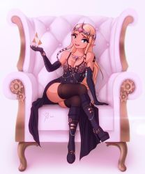 Rule 34 | artist request, black dress, blonde hair, blue eyes, boots, breasts, cleavage, crown, dress, heels, high heel boots, high heels, hyrule warriors, jewelry, lace, crossed legs, long hair, medium breasts, necklace, nintendo, open mouth, princess zelda, sitting, steampunk, stiletto heels, the legend of zelda, thighhighs, throne, triforce, watch