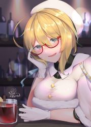 Rule 34 | 1girl, beret, blonde hair, blue eyes, breasts, commentary request, cup, dress, glasses, gloves, hand on own face, hat, i-8 (kancolle), kantai collection, large breasts, long hair, low twintails, official alternate costume, peaked cap, red-framed eyewear, solo, tea, twintails, unoshima kanaka, upper body, white dress, white gloves, white hat