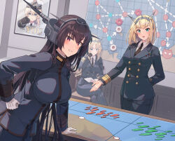 Rule 34 | 3girls, alternate costume, black hair, black necktie, blonde hair, blue eyes, blue jacket, blue pants, breasts, buttons, collared shirt, double-breasted, gloves, headgear, highres, himeyamato, i want you, jacket, kantai collection, large breasts, long hair, long sleeves, map, medium breasts, military uniform, multiple girls, nagato (kancolle), naval uniform, necktie, nelson (kancolle), pants, red eyes, rodney (kancolle), shirt, short hair, sitting, standing, uniform, very long hair, warspite (kancolle), white gloves, white shirt