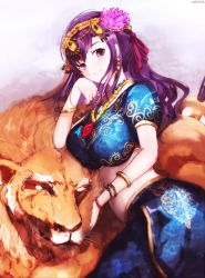 Rule 34 | 1girl, bad id, bad pixiv id, bracelet, breasts, circlet, closed mouth, fate/grand order, fate (series), flower, hair flower, hair ornament, indian clothes, jewelry, large breasts, lion, long hair, looking at viewer, matou sakura, necklace, nekoya (liu), parvati (fate), puffy short sleeves, puffy sleeves, purple eyes, purple hair, short sleeves, smile