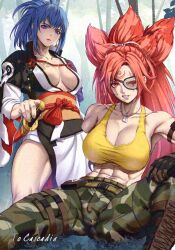 Rule 34 | 2girls, amputee, baiken, baiken (cosplay), big hair, black kimono, blue eyes, blue hair, boots, breasts, camouflage, camouflage pants, cargo pants, cleavage, collarbone, color connection, cosplay, costume switch, crop top, dog tags, eyepatch, facial tattoo, fatigues, full body, glaze artifacts, gloves, h akito illust, hair color connection, jacket, jacket on shoulders, japanese clothes, katana, kimono, large breasts, leona heidern, leona heidern (cosplay), long hair, looking at viewer, midriff, multicolored clothes, multicolored kimono, multiple girls, muscular, muscular female, navel, obliques, one-eyed, open clothes, open kimono, pants, plunging neckline, ponytail, pouch, red eyes, samurai, scar, scar across eye, sword, tank top, tattoo, the king of fighters, torn sleeve, weapon, white kimono, yellow tank top