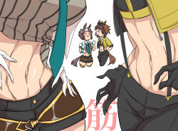 Rule 34 | 2girls, abs, animal ears, aqua necktie, black gloves, black pants, black shorts, black sports bra, blush, blush stickers, breasts, brown hair, byerley turk (umamusume), closed eyes, clothes writing, collared shirt, commentary request, cropped jacket, cropped legs, ear ornament, garrison cap, gloves, groin, hands on own hips, hands up, hat, highres, horse ears, horse girl, horse tail, jacket, large breasts, long sleeves, mejiro ryan (umamusume), midriff, military jacket, multicolored hair, multiple girls, navel, navel focus, necktie, open clothes, open jacket, open mouth, pants, pink eyes, scar, scar across eye, scarf, shirt, short hair, short shorts, shorts, sidelocks, simple background, small breasts, smile, sports bra, standing, striped clothes, striped shirt, suspenders, suya (jzup2735), tail, tied shirt, toned, translated, two-tone hair, umamusume, vertical-striped clothes, vertical-striped shirt, white background, white gloves, white hair, white jacket, white scarf, yellow jacket