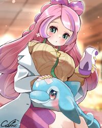 Rule 34 | 1girl, absurdres, blush, bow-shaped hair, breasts, coat, creatures (company), dolphin, earrings, finizen, flower earrings, game freak, green eyes, highres, jewelry, lab coat, large breasts, light purple hair, long hair, lop shauntal2, miriam (pokemon), nintendo, pokemon, pokemon (creature), pokemon sv, purple skirt, school nurse, skirt, stethoscope, striped clothes, striped skirt, sweater, swept bangs, underboob, white coat, yellow sweater