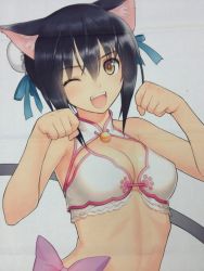 Rule 34 | 10s, 1girl, animal ears, black hair, breasts, brown eyes, bun cover, cat ears, cat tail, cleavage, highres, one eye closed, open mouth, paw pose, scan, scan artifacts, shaomei rin, shining (series), shining hearts, short hair, simple background, smile, solo, tail, tony taka