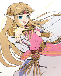 Rule 34 | 1girl, armor, blonde hair, blue eyes, dress, earrings, forehead jewel, glowing, gonzarez, hand on own chest, headdress, highres, jewelry, long pointy ears, looking at viewer, necklace, nintendo, open mouth, parted bangs, pauldrons, pearl necklace, pointy ears, princess zelda, shoulder armor, solo, super smash bros., the legend of zelda, the legend of zelda: a link between worlds, triangle earrings, triforce, triforce earrings, vambraces, white background, white dress