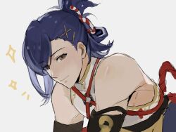 Rule 34 | 1boy, bare shoulders, blue hair, brown eyes, closed mouth, fire emblem, fire emblem engage, hair ornament, hairclip, highres, japanese clothes, kagetsu (fire emblem), looking at viewer, medium hair, nintendo, solo, white background, wogesb