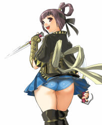 Rule 34 | 1girl, ass, bandana, black socks, blue panties, bow, dr.p, dual wielding, from behind, gensou suikoden, gensou suikoden v, holding, kneehighs, knife, large bow, looking back, miakis (suikoden), miniskirt, open mouth, panties, pantyshot, purple hair, red eyes, short hair, simple background, skirt, skirt flip, smile, socks, solo, thighs, underwear, upskirt, weapon, white background