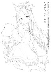 Rule 34 | 1girl, absurdres, animal ear fluff, animal ears, blue archive, bow, breasts, dated, detached sleeves, dress, greyscale, halo, highres, kukurus, lineart, long hair, looking at viewer, monochrome, seia (blue archive), sideboob, simple background, sleeves past fingers, sleeves past wrists, small breasts, smile, solo, tail, very long hair