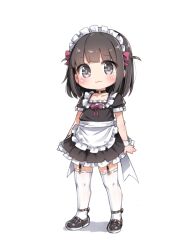 1girl :3 apron arms_at_sides black_dress black_hair bow bowtie closed_mouth commentary dress full_body garter_straps highres looking_at_viewer maid maid_apron maid_headdress medium_hair original red_bow red_bowtie simple_background smile solo standing symbol-only_commentary tamase_tama white_background