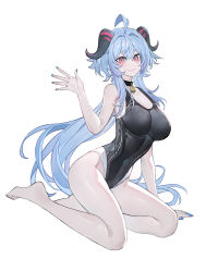 Rule 34 | 1girl, absurdres, ahoge, alternate costume, bell, blue hair, breasts, competition swimsuit, cowbell, curled horns, echj, full body, ganyu (genshin impact), genshin impact, goat horns, highres, horns, long hair, low ponytail, medium breasts, nail polish, neck bell, one-piece swimsuit, purple eyes, seiza, sidelocks, sitting, swimsuit, white background
