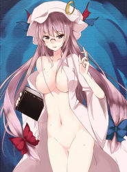 Rule 34 | 1girl, bespectacled, blue eyes, book, breasts, crescent, female focus, glasses, hat, jewelry, large breasts, long hair, nipples, open clothes, open robe, panties, patchouli knowledge, purple hair, ring, robe, solo, takaharu, touhou, underwear