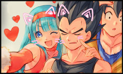 Rule 34 | 1girl, 2boys, :o, ;d, bare shoulders, black hair, blue bodysuit, blue eyes, blue hair, blush, bodysuit, bra (dragon ball), choker, closed eyes, crop top, dougi, dragon ball, dragon ball gt, earrings, elbow gloves, father and daughter, fingersmile, forced smile, gloves, heart, jewelry, long hair, looking at viewer, mamefuku (mamedehuku), multiple boys, one eye closed, open mouth, outstretched arm, red choker, red gloves, saiyan, selfie, short hair, smile, son goku, spiked hair, vegeta