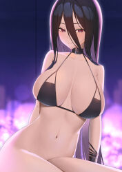 Rule 34 | 1girl, absurdres, alternate costume, bare arms, bare shoulders, bikini, black bikini, black choker, black hair, blue archive, blurry, blurry background, bokeh, bottomless, breasts, choker, cleavage, depth of field, hair between eyes, halterneck, hasumi (blue archive), highres, large breasts, long hair, looking at viewer, lordol, mole, mole under eye, navel, parted lips, sideboob, solo, stomach, string bikini, swimsuit, very long hair, wristband