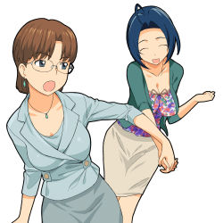 Rule 34 | 00s, 10s, 2girls, :o, a1 (initial-g), absurdres, ahoge, blue eyes, blue hair, breasts, brown hair, cleavage, closed eyes, crossover, earrings, formal, glasses, highres, holding hands, idolmaster, idolmaster (classic), idolmaster 2, ishida azusa, jacket, jewelry, kimi ga nozomu eien, miura azusa, multiple girls, name connection, office lady, open mouth, pencil skirt, short hair, simple background, skirt, skirt suit, smile, suit, voice actor connection