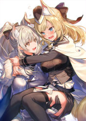 Rule 34 | 2girls, :d, animal ear fluff, animal ears, arknights, armor, arms around neck, black bow, black gloves, black headwear, black legwear, blemishine (arknights), blonde hair, blue eyes, blush, bow, breastplate, breasts, brown eyes, cape, carrying, commentary request, embarrassed, fang, garrison cap, gloves, grey hair, hair bow, has otm, hat, horse ears, horse girl, horse tail, long hair, long sleeves, looking at another, medium breasts, multiple girls, open mouth, plate armor, ponytail, princess carry, short eyebrows, skin fang, smile, sweatdrop, tail, thick eyebrows, thighhighs, vambraces, whislash (arknights), white cape